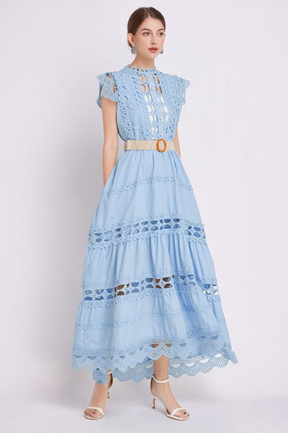 Embroidered Ruffle Sleeveless Trim Waist Belted Maxi Dress