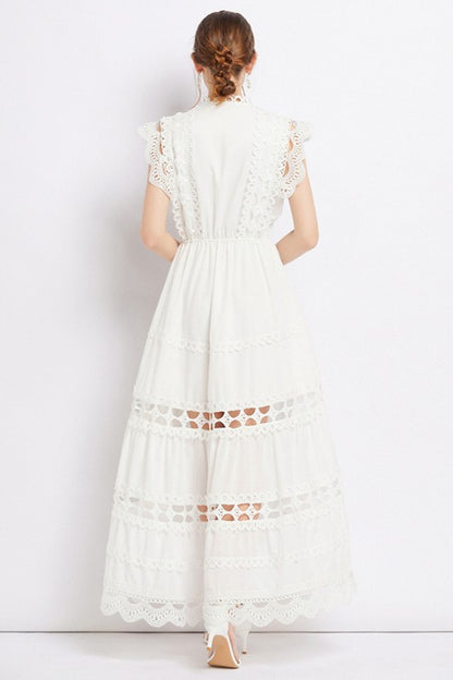 Embroidered Ruffle Sleeveless Trim Waist Belted Maxi Dress