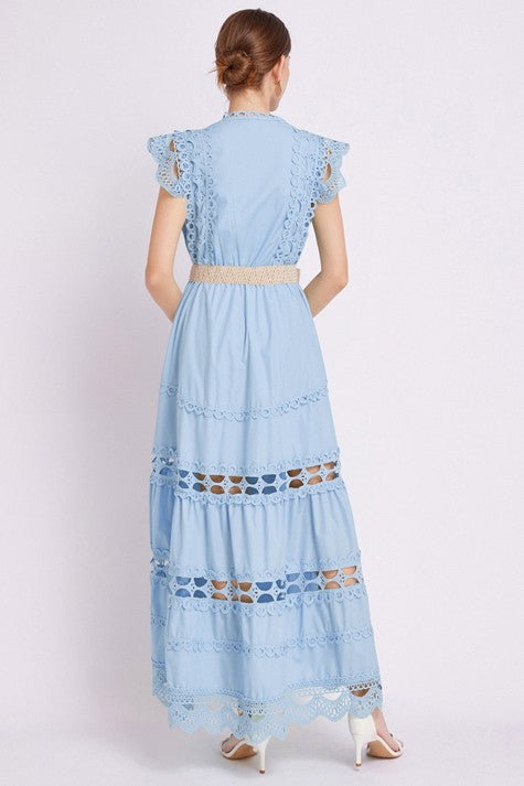 Embroidered Ruffle Sleeveless Trim Waist Belted Maxi Dress