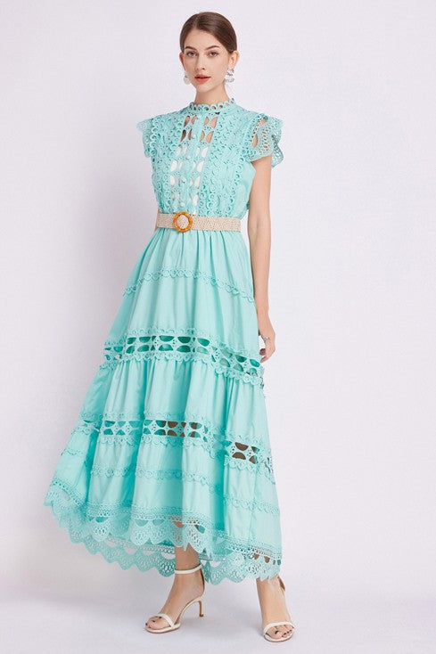 Embroidered Ruffle Sleeveless Trim Waist Belted Maxi Dress