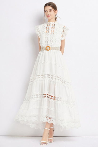 Embroidered Ruffle Sleeveless Trim Waist Belted Maxi Dress