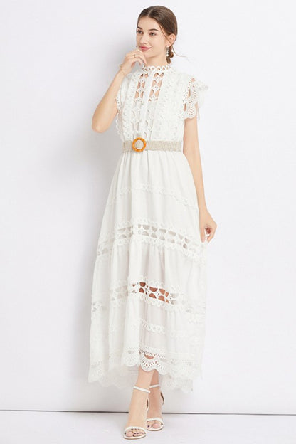 Embroidered Ruffle Sleeveless Trim Waist Belted Maxi Dress