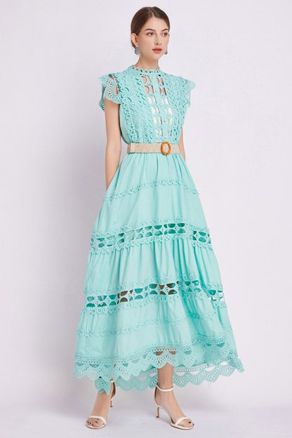 Embroidered Ruffle Sleeveless Trim Waist Belted Maxi Dress