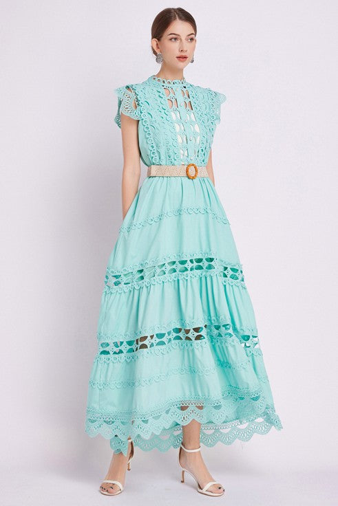 Embroidered Ruffle Sleeveless Trim Waist Belted Maxi Dress