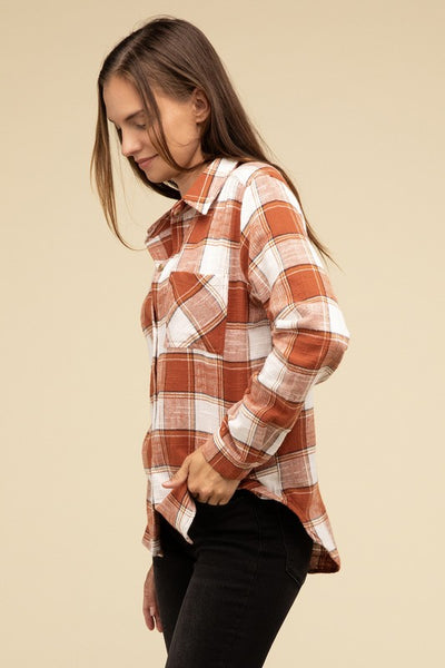 Cotton Plaid Shacket With Front Pocket - Fashions Envy