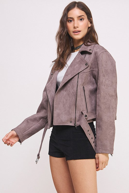 Belted Long Sleeve Zippered Suede Moto Jacket