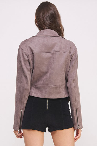 Belted Long Sleeve Zippered Suede Moto Jacket