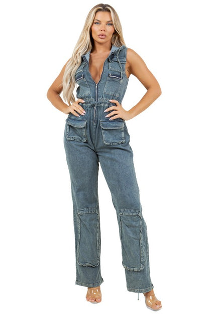 Cargo Style Sleeveless Denim Hoodie Jumpsuit