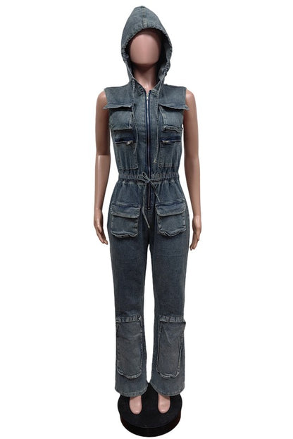 Cargo Style Sleeveless Denim Hoodie Jumpsuit