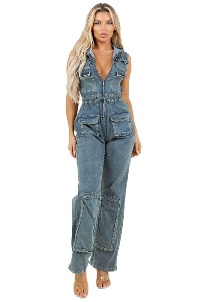 Cargo Style Sleeveless Denim Hoodie Jumpsuit