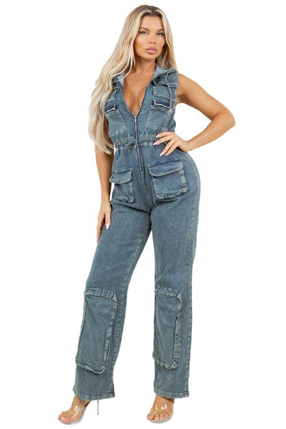 Cargo Style Sleeveless Denim Hoodie Jumpsuit