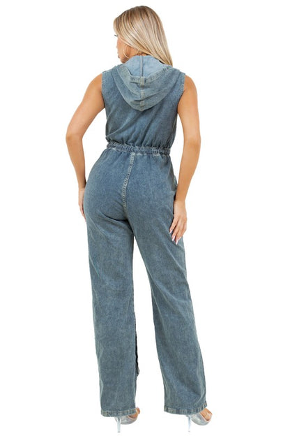 Cargo Style Sleeveless Denim Hoodie Jumpsuit