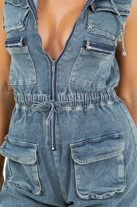 Cargo Style Sleeveless Denim Hoodie Jumpsuit