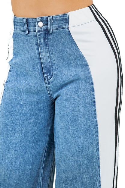 Multi Fabric High Waist Wide Leg Jeans