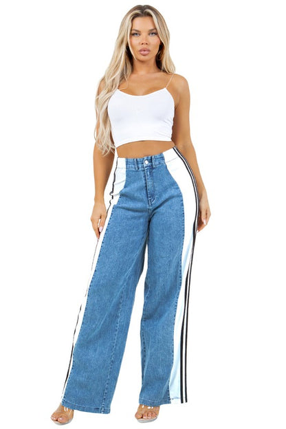 Multi Fabric High Waist Wide Leg Jeans