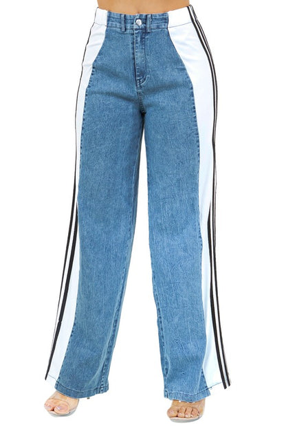 Multi Fabric High Waist Wide Leg Jeans