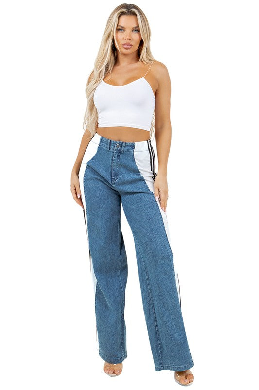 Multi Fabric High Waist Wide Leg Jeans