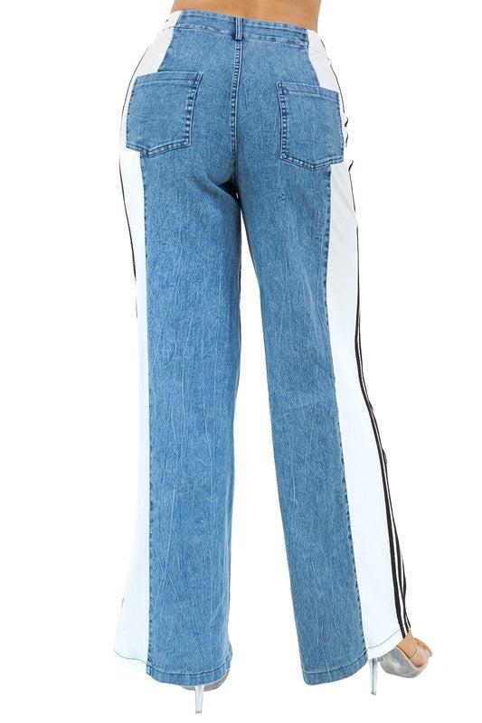 Multi Fabric High Waist Wide Leg Jeans