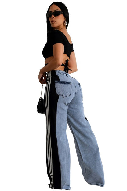 Multi Fabric High Waist Wide Leg Jeans