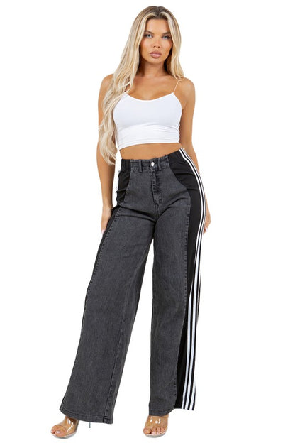 Stretch Multi Fabric Wide Leg Denim Jeans