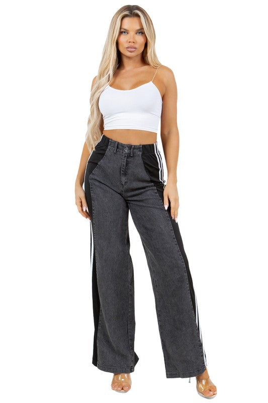 Stretch Multi Fabric Wide Leg Denim Jeans