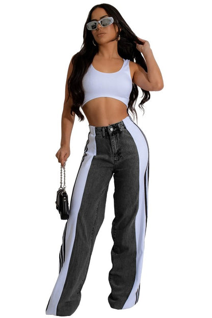 Stretch Multi Fabric Wide Leg Denim Jeans