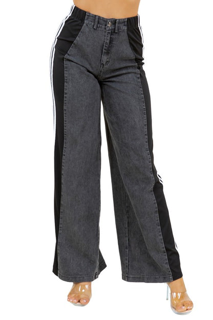 Stretch Multi Fabric Wide Leg Denim Jeans