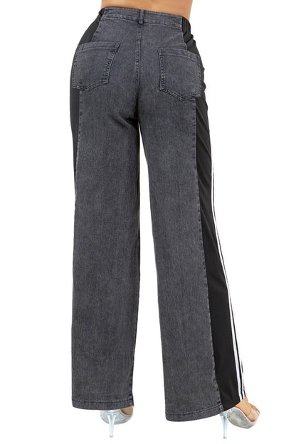 Stretch Multi Fabric Wide Leg Denim Jeans