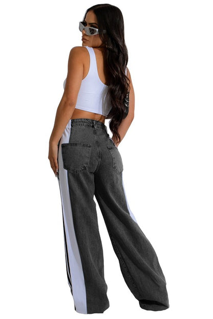 Stretch Multi Fabric Wide Leg Denim Jeans