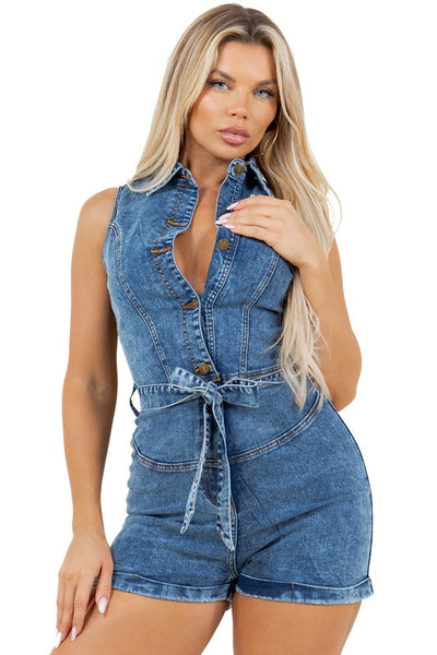 Sleeveless Spread Collar Button Closure Belted Romper