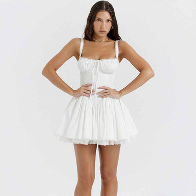 White Lace Backless Dress - Spaghetti Strap Patchwork Midi