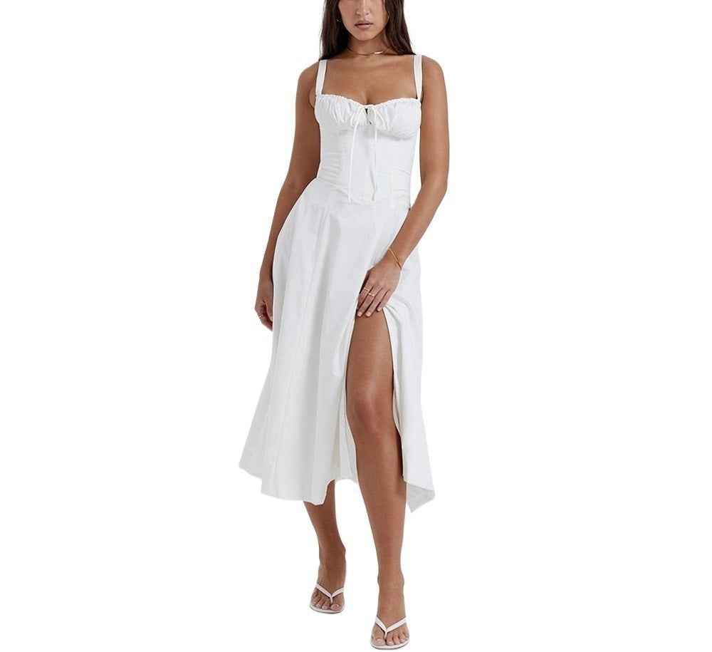 Corset Lace-Up Back Midi Dress - Wide Strap Side Slit