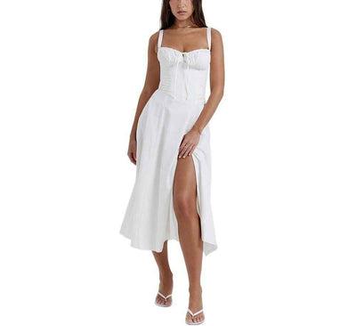 Corset Lace-Up Back Midi Dress - Wide Strap Side Slit