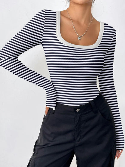 Trendsi Scoop Neck T-Shirt navy white striped long sleeve fitted ribbed top with contrast white trim worn with black pants