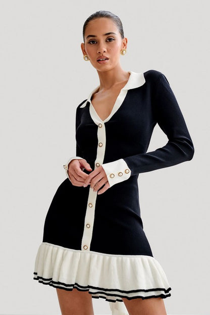 Faux Button Long Sleeve Ribbed Hem Sweater Dress