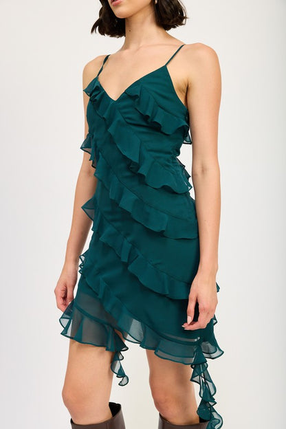 Sleeveless Halter Asymmetrical Ruffle Mini Dress