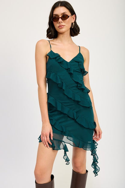 Sleeveless Halter Asymmetrical Ruffle Mini Dress