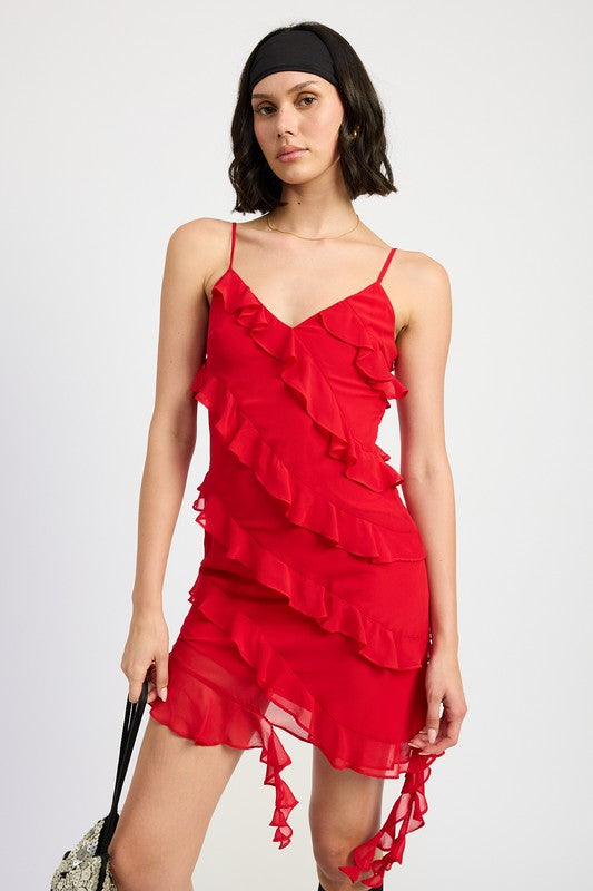 Sleeveless Halter Asymmetrical Ruffle Mini Dress