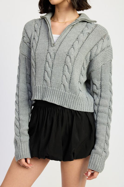 Cable Knit Sweater with Half Zip - Fashions Envy