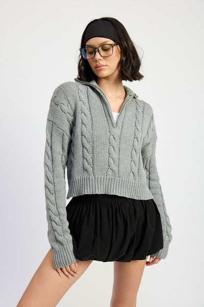 Cable Knit Sweater with Half Zip - Fashions Envy