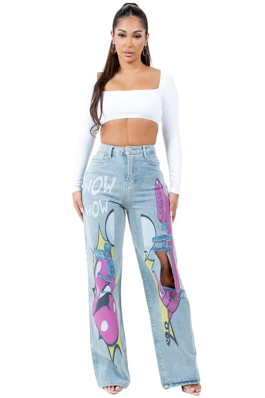 Graffiti Look High Waist Wide Leg Cut Front Jeans