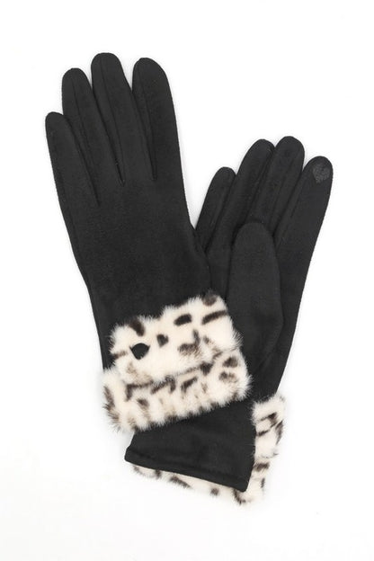 Leopard Print Fur Trim Suede Smart Gloves