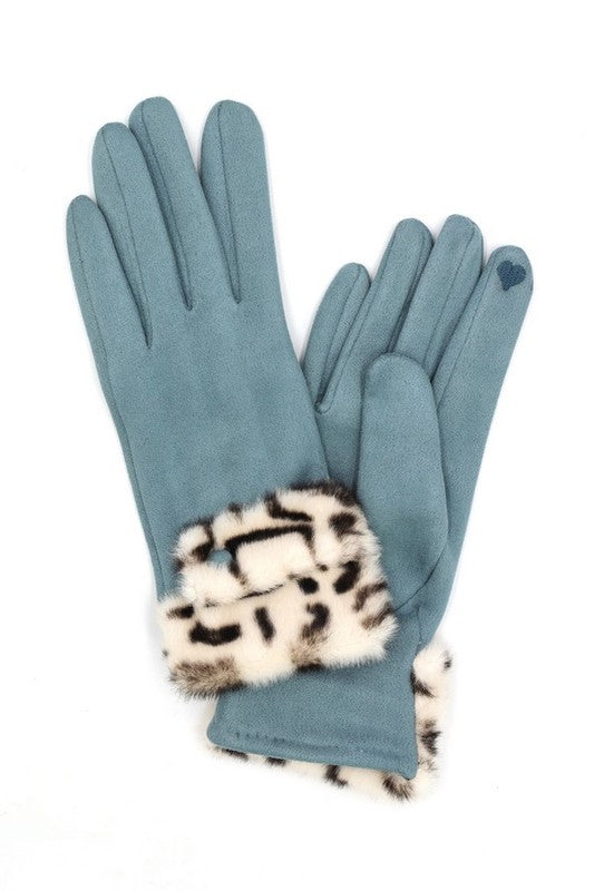 Leopard Print Fur Trim Suede Smart Gloves