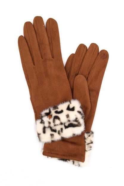 Leopard Print Fur Trim Suede Smart Gloves