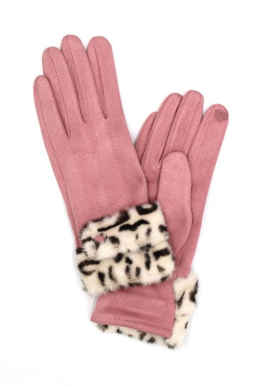 Leopard Print Fur Trim Suede Smart Gloves