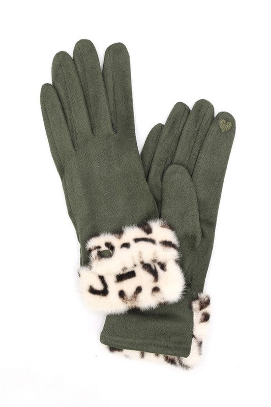 Leopard Print Fur Trim Suede Smart Gloves