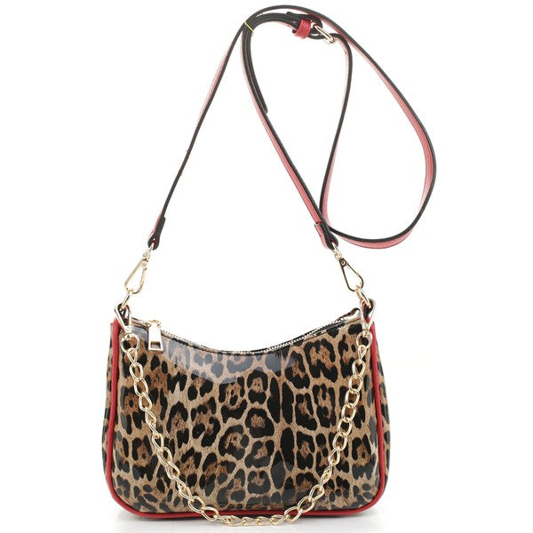 Glossy Leopard Chain Link Crossbody Satchel