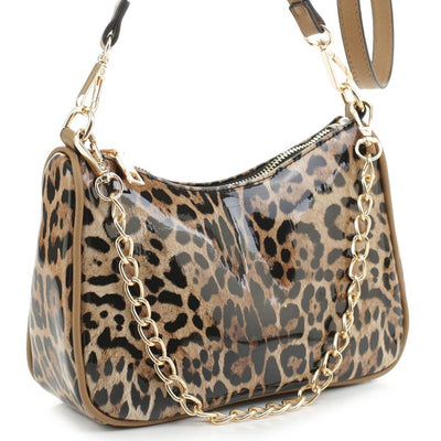 Glossy Leopard Chain Link Crossbody Satchel - Fashions Envy