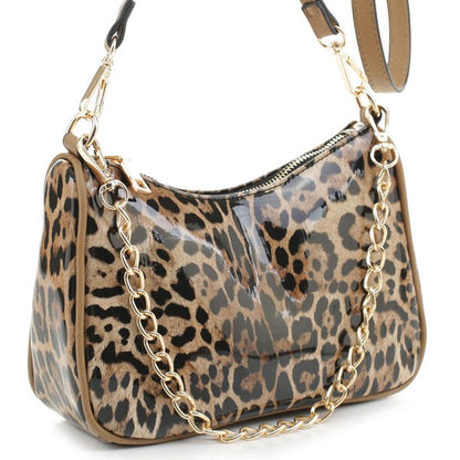 Glossy Leopard Chain Link Crossbody Satchel