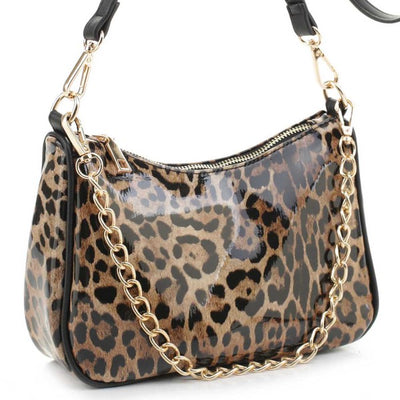 Glossy Leopard Chain Link Crossbody Satchel - Fashions Envy